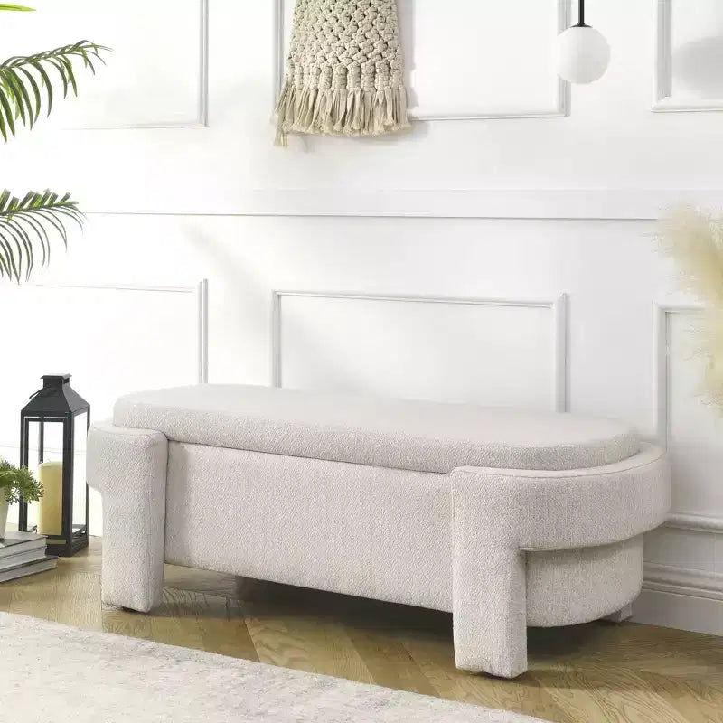 51.5" Linen Upholstered Storage Bench with Hidden Compartment & Carved Wood Legs, Beige