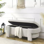 Panca contenitore in lino imbottita da 51,5" con scomparto nascosto e gambe in legno intagliato, Beige