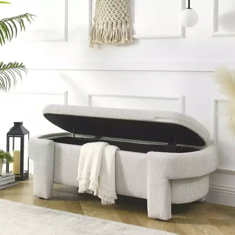 51.5" Linen Upholstered Storage Bench with Hidden Compartment & Carved Wood Legs, Beige