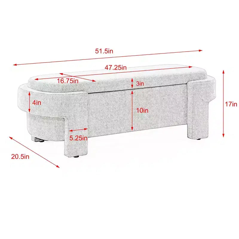 Panca contenitore in lino imbottita da 51,5" con scomparto nascosto e gambe in legno intagliato, Beige
