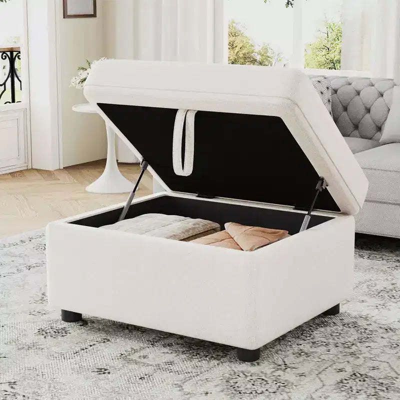 Movable Storage Ottoman Footrest with Hidden Compartment, Plush Velvet, 250 LB Capacity, Beige