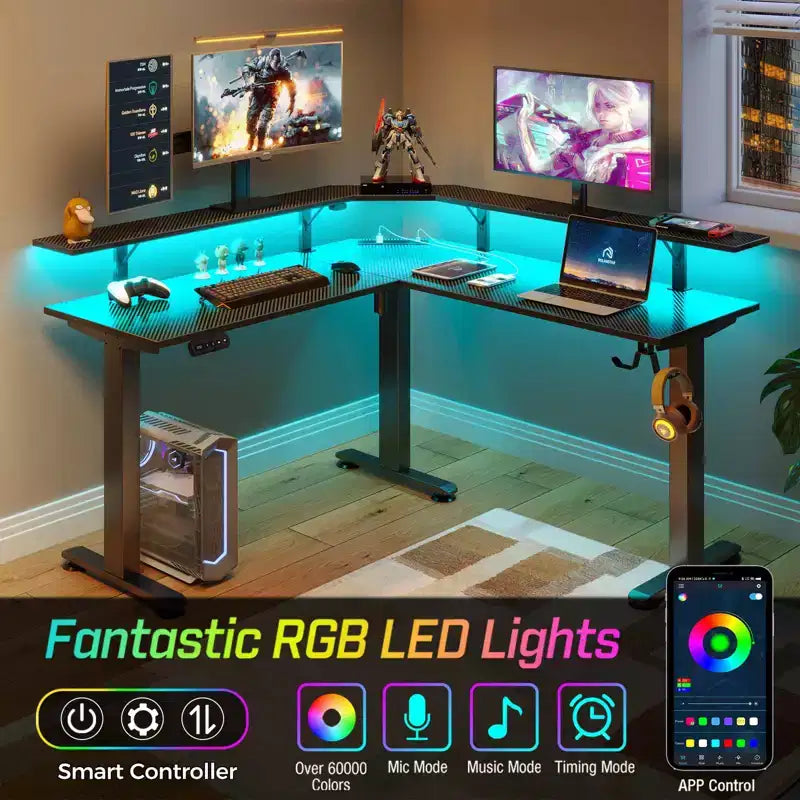 Scrivania a L Regolabile in Altezza con Luci LED RGB, Porte di Ricarica e Supporto Monitor