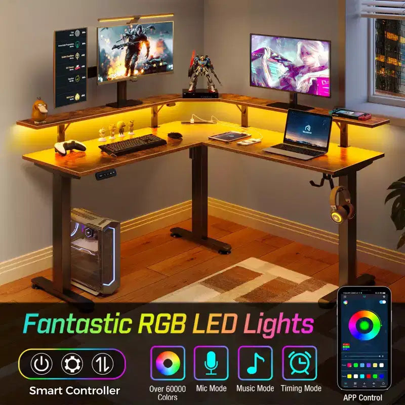 Scrivania a L Regolabile in Altezza con Luci LED RGB, Porte di Ricarica e Supporto Monitor