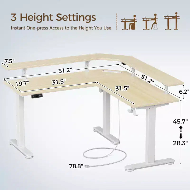 Height-Adjustable L-Shaped Standing Desk with RGB LED Lights, Charging Ports & Monitor Stand
