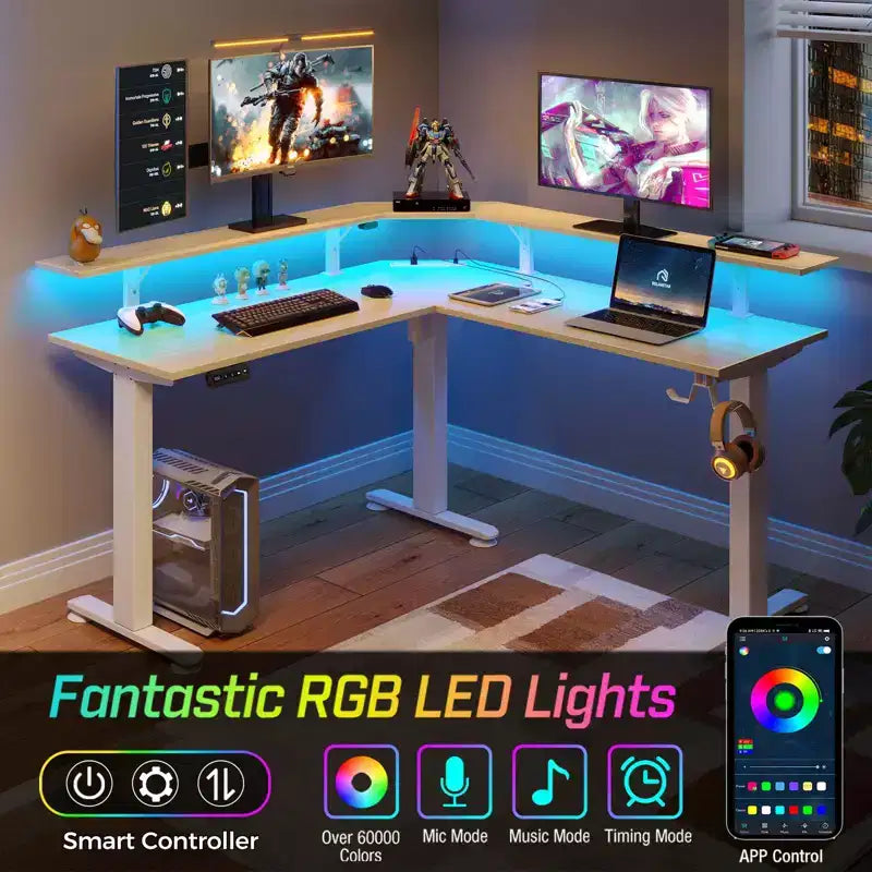 Height-Adjustable L-Shaped Standing Desk with RGB LED Lights, Charging Ports & Monitor Stand