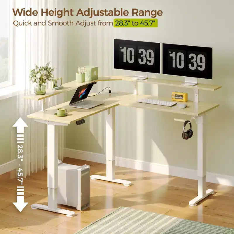 Height-Adjustable L-Shaped Standing Desk with RGB LED Lights, Charging Ports & Monitor Stand