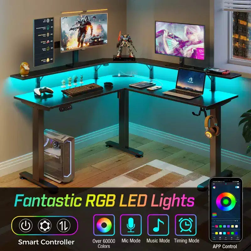 Scrivania a L Regolabile in Altezza con Luci LED RGB, Porte di Ricarica e Supporto Monitor