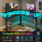Scrivania a L Regolabile in Altezza con Luci LED RGB, Porte di Ricarica e Supporto Monitor