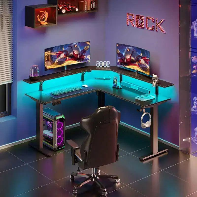 Height-Adjustable L-Shaped Standing Desk with RGB LED Lights, Charging Ports & Monitor Stand