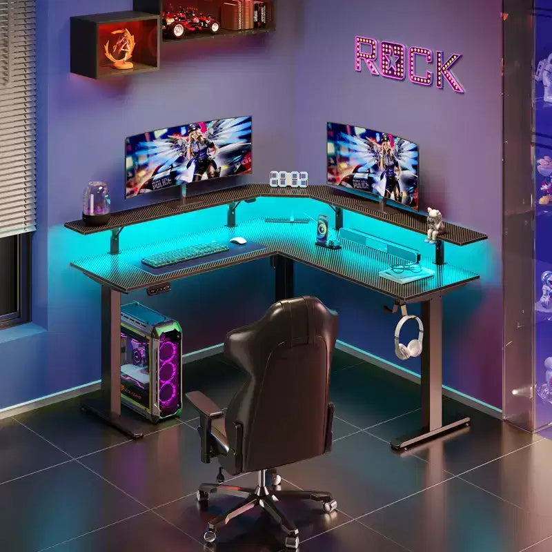 Height-Adjustable L-Shaped Standing Desk with RGB LED Lights, Charging Ports & Monitor Stand