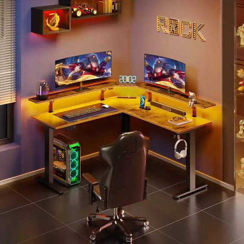 Height-Adjustable L-Shaped Standing Desk with RGB LED Lights, Charging Ports & Monitor Stand