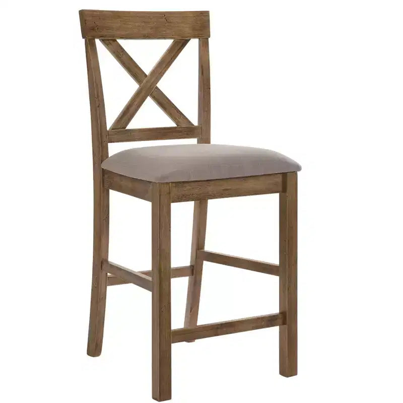 Set of 2 Fabric Upholstered Wooden Counter Height Chairs, X-Style Back, Padded Seat, Brown & Gray