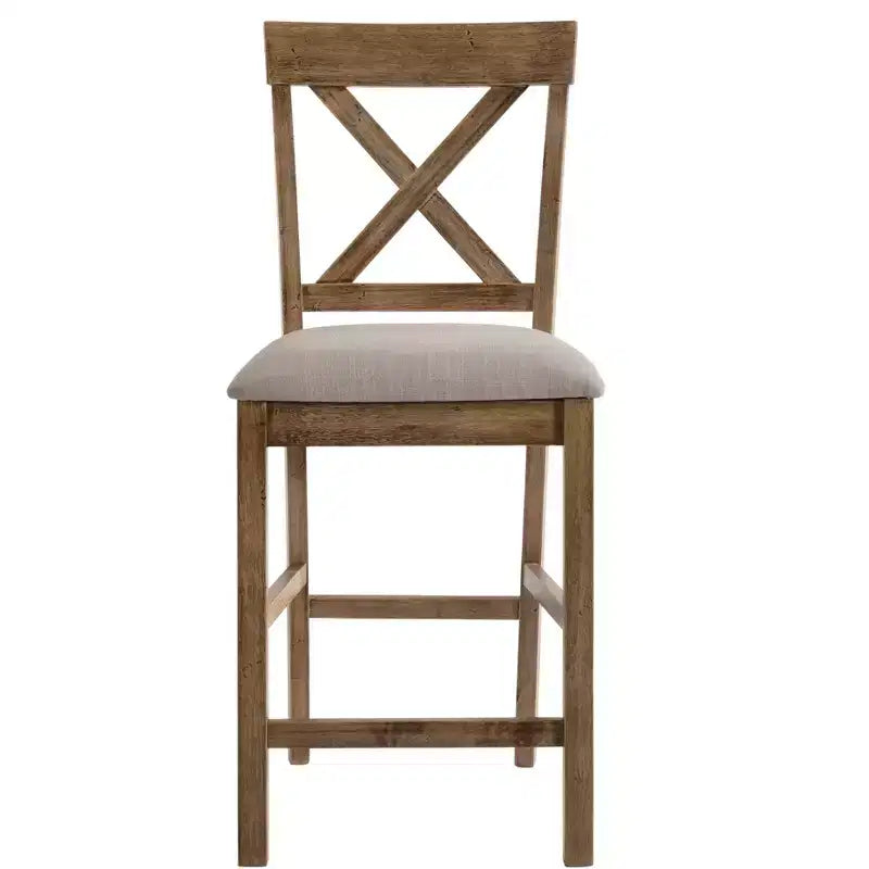 Set of 2 Fabric Upholstered Wooden Counter Height Chairs, X-Style Back, Padded Seat, Brown & Gray