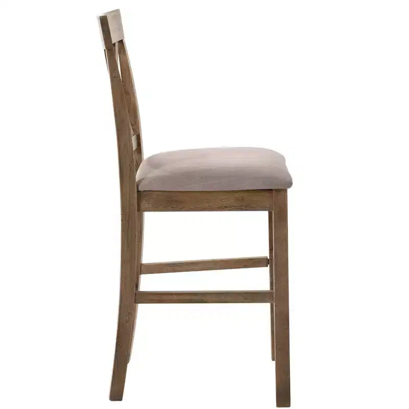 Set of 2 Fabric Upholstered Wooden Counter Height Chairs, X-Style Back, Padded Seat, Brown & Gray