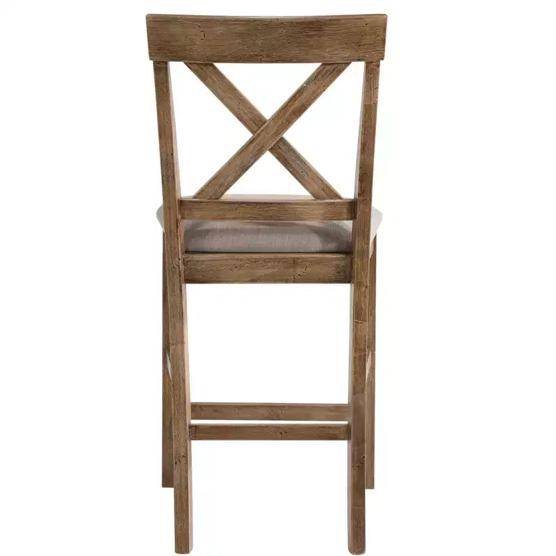 Set of 2 Fabric Upholstered Wooden Counter Height Chairs, X-Style Back, Padded Seat, Brown & Gray