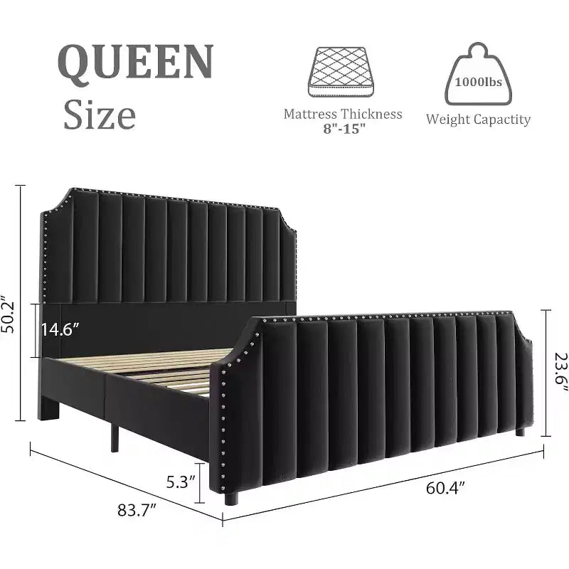 Queen Size Platform Bed Frame with 50.2 Headboard, Velvet Upholstered Bed Frame Queen with Headboard & Footboard, Nailhead Trim, Grey
