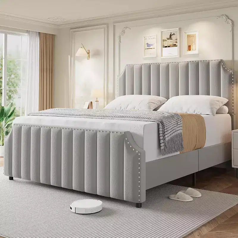 Queen Size Platform Bed Frame with 50.2 Headboard, Velvet Upholstered Bed Frame Queen with Headboard & Footboard, Nailhead Trim, Grey