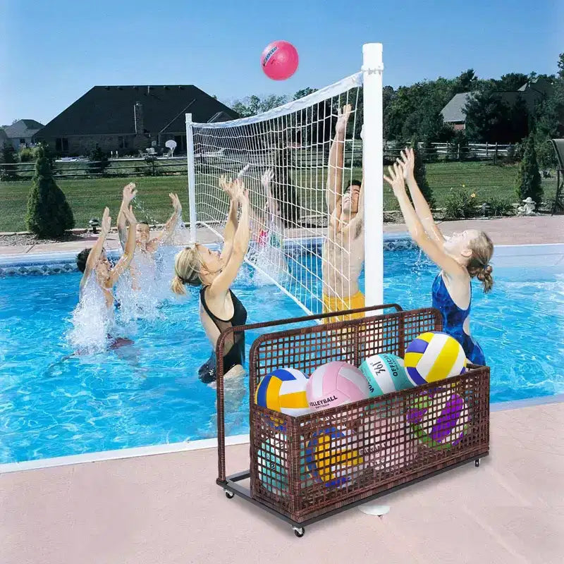 Pool Storage,Pool Storage Bin with PE Rattan,Pool Organizer for Cushions, Floaties, Noodles, Life Vests, Beach Balls, Patio Furniture(Gray)