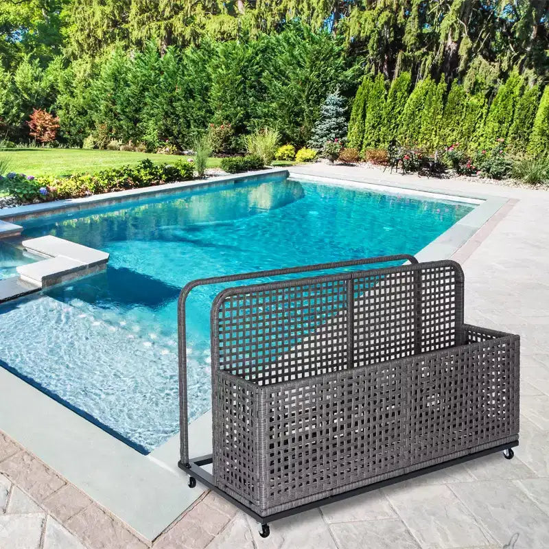 Pool Storage,Pool Storage Bin with PE Rattan,Pool Organizer for Cushions, Floaties, Noodles, Life Vests, Beach Balls, Patio Furniture(Gray)