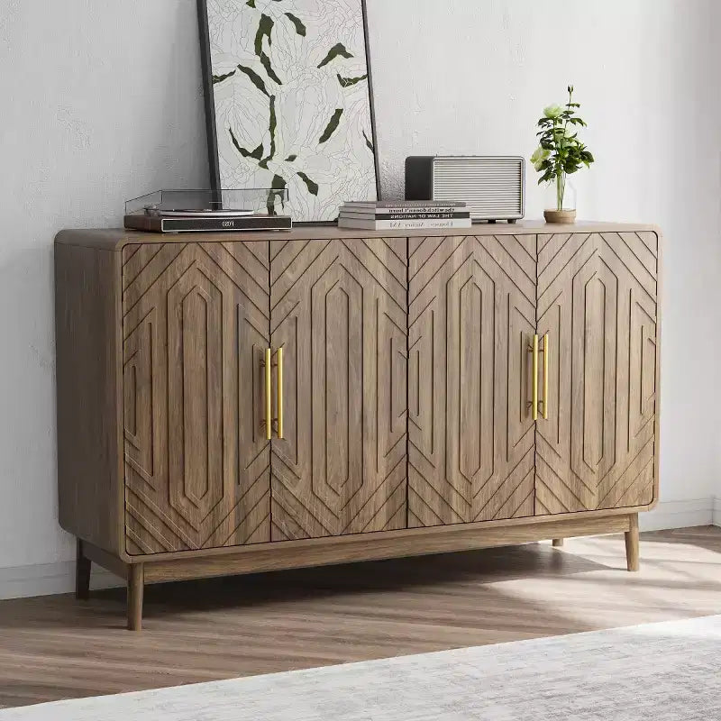 Mid-Century Modern 4-Door Sideboard Buffet, Carved Geometric Pattern & Gold Handles, Walnut Finish