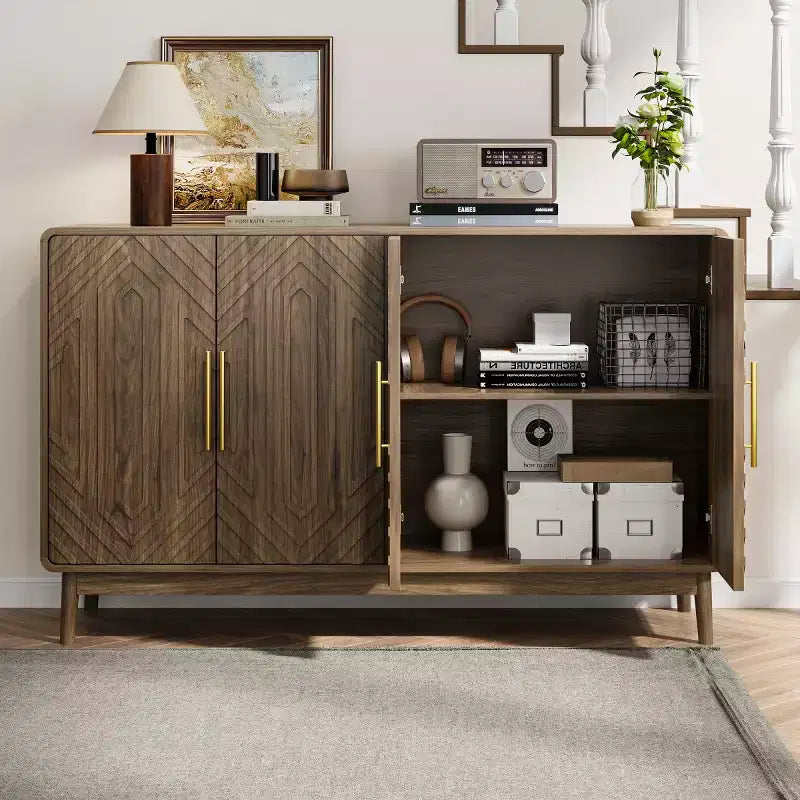 Mid-Century Modern 4-Door Sideboard Buffet, Carved Geometric Pattern & Gold Handles, Walnut Finish