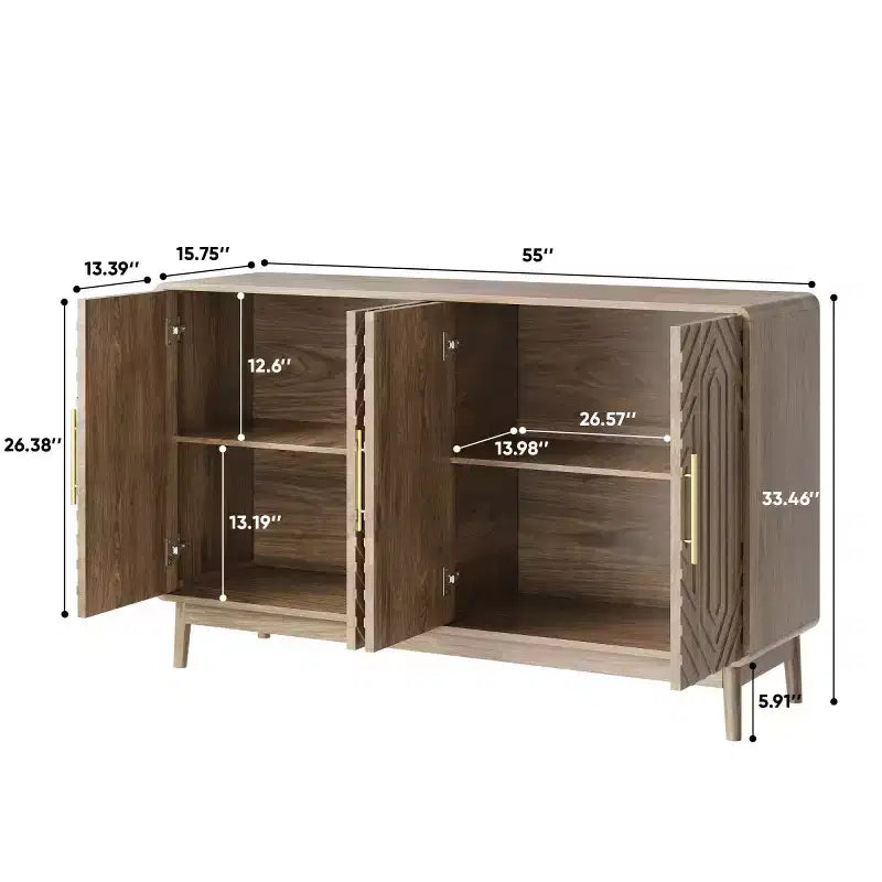 Mid-Century Modern 4-Door Sideboard Buffet, Carved Geometric Pattern & Gold Handles, Walnut Finish