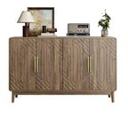 Credenza/Buffet Moderno Metà Secolo a 4 Ante, Motivo Geometrico Intagliato e Maniglie Dorate, Finitura Noce