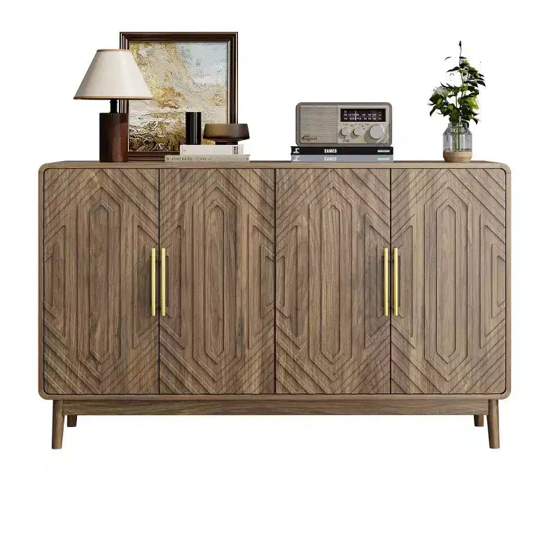 Mid-Century Modern 4-Door Sideboard Buffet, Carved Geometric Pattern & Gold Handles, Walnut Finish