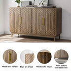 Credenza/Buffet Moderno Metà Secolo a 4 Ante, Motivo Geometrico Intagliato e Maniglie Dorate, Finitura Noce