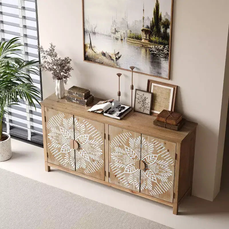 60" Boho Brown 4-Door Sideboard Buffet Cabinet, White Floral Mandala Pattern, Adjustable Interior
