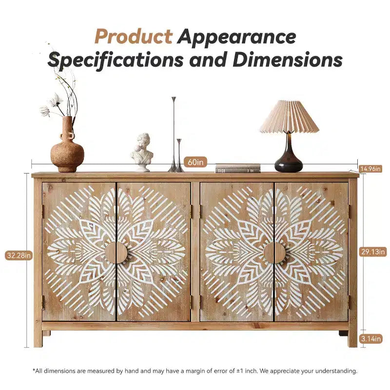 60" Boho Brown 4-Door Sideboard Buffet Cabinet, White Floral Mandala Pattern, Adjustable Interior