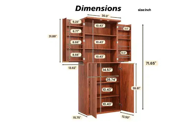 Fluted Tall Pantry Cabinet 72", 6-Shelf Kitchen Storage Cabinet with Anti-Fall Device, 2 Doors