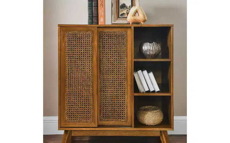 Vintage Rattan Sideboard Buffet Cabinet, 3 Open Tiers & 2 Adjustable Hidden Shelves, MDF, Entryway