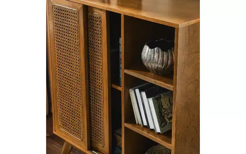 Vintage Rattan Sideboard Buffet Cabinet, 3 Open Tiers & 2 Adjustable Hidden Shelves, MDF, Entryway