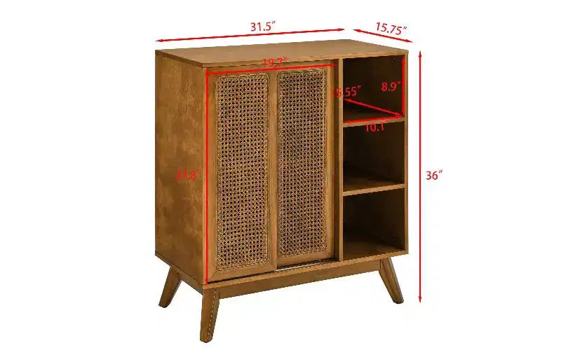 Vintage Rattan Sideboard Buffet Cabinet, 3 Open Tiers & 2 Adjustable Hidden Shelves, MDF, Entryway