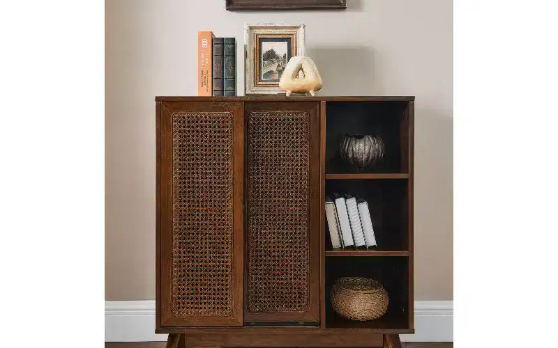 Vintage Rattan Sideboard Buffet Cabinet, 3 Open Tiers & 2 Adjustable Hidden Shelves, MDF, Entryway