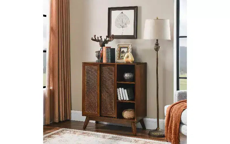 Vintage Rattan Sideboard Buffet Cabinet, 3 Open Tiers & 2 Adjustable Hidden Shelves, MDF, Entryway