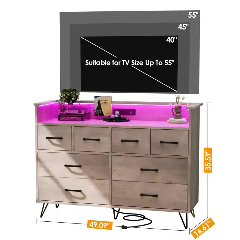 Dresser with Power Outlet, Wood 8 Drawer Dresser for Bedroom, Modern Chest of Drawers with Gold Handles and Open Storage Space for Closet, Entryway