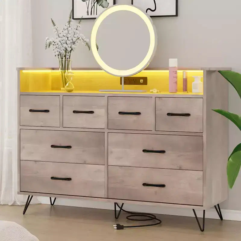 Dresser with Power Outlet, Wood 8 Drawer Dresser for Bedroom, Modern Chest of Drawers with Gold Handles and Open Storage Space for Closet, Entryway