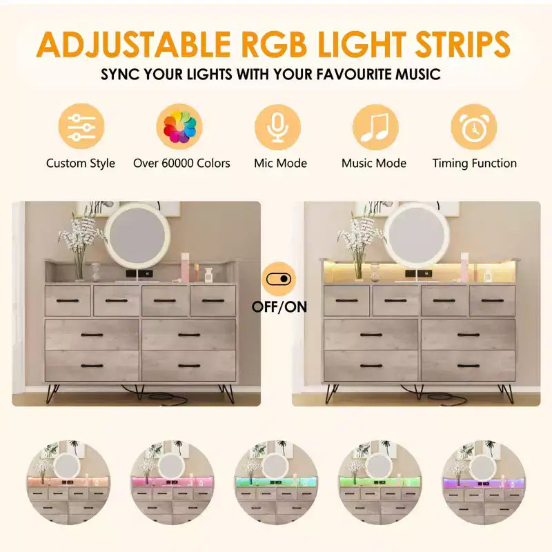 Dresser with Power Outlet, Wood 8 Drawer Dresser for Bedroom, Modern Chest of Drawers with Gold Handles and Open Storage Space for Closet, Entryway
