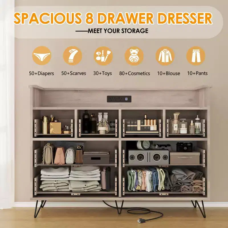 Dresser with Power Outlet, Wood 8 Drawer Dresser for Bedroom, Modern Chest of Drawers with Gold Handles and Open Storage Space for Closet, Entryway