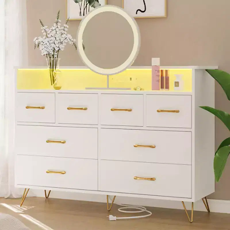 Dresser with Power Outlet, Wood 8 Drawer Dresser for Bedroom, Modern Chest of Drawers with Gold Handles and Open Storage Space for Closet, Entryway