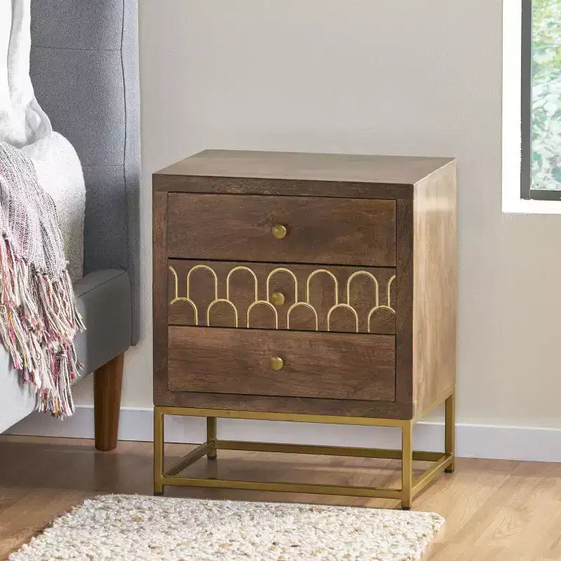 Mango Wood Nightstand End Table with 3 Drawers, Gold Fish Scale Design & Iron Legs, Brown