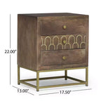 Comodino con 3 cassetti in legno di mango, design a scaglie di pesce dorate e gambe in ferro, marrone