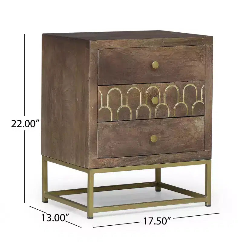Mango Wood Nightstand End Table with 3 Drawers, Gold Fish Scale Design & Iron Legs, Brown