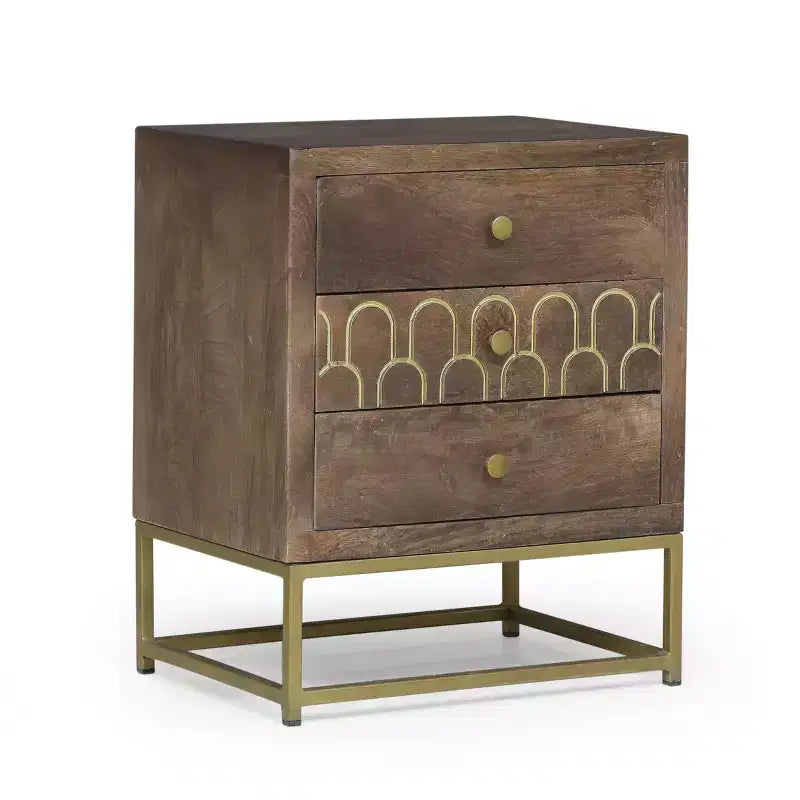 Mango Wood Nightstand End Table with 3 Drawers, Gold Fish Scale Design & Iron Legs, Brown