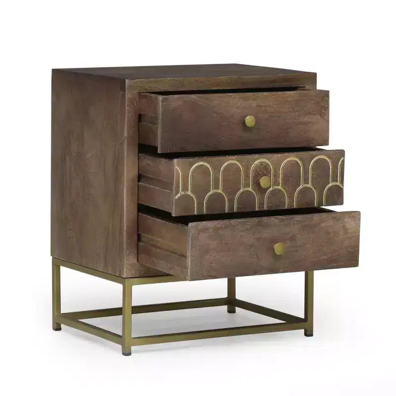 Mango Wood Nightstand End Table with 3 Drawers, Gold Fish Scale Design & Iron Legs, Brown