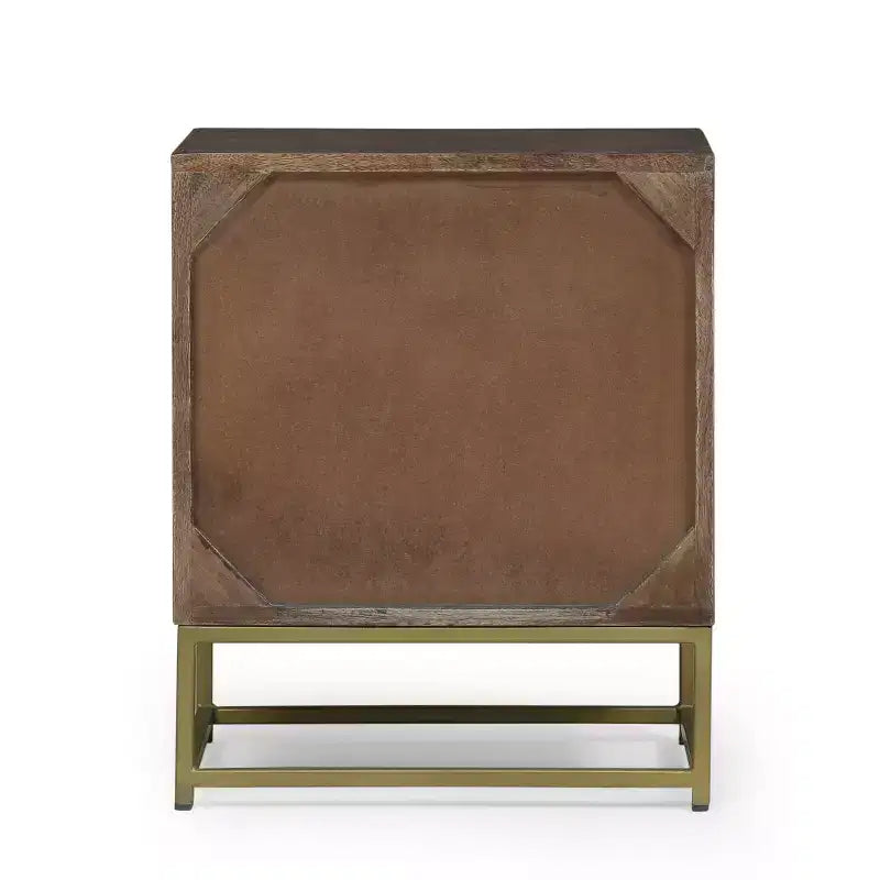 Comodino con 3 cassetti in legno di mango, design a scaglie di pesce dorate e gambe in ferro, marrone
