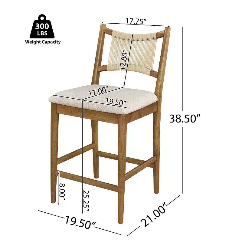 Set of 2 Rubberwood Upholstered Counter Stools with Woven Rope Backrest, 300 LB Capacity