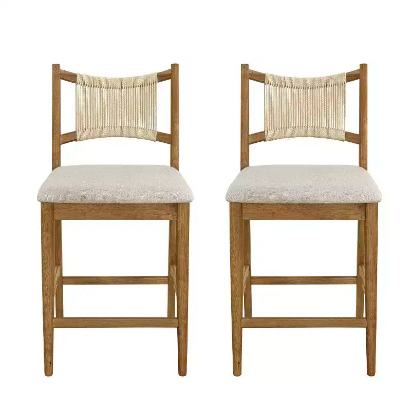 Set of 2 Rubberwood Upholstered Counter Stools with Woven Rope Backrest, 300 LB Capacity